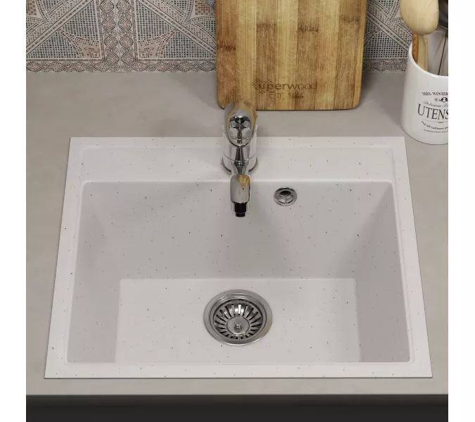 Кухонная мойка из искусственного камня Uperwood ECON UPD-408-001, прямоугольная, белая матовая, Выбрать цвет: Белый камень, изображение 3