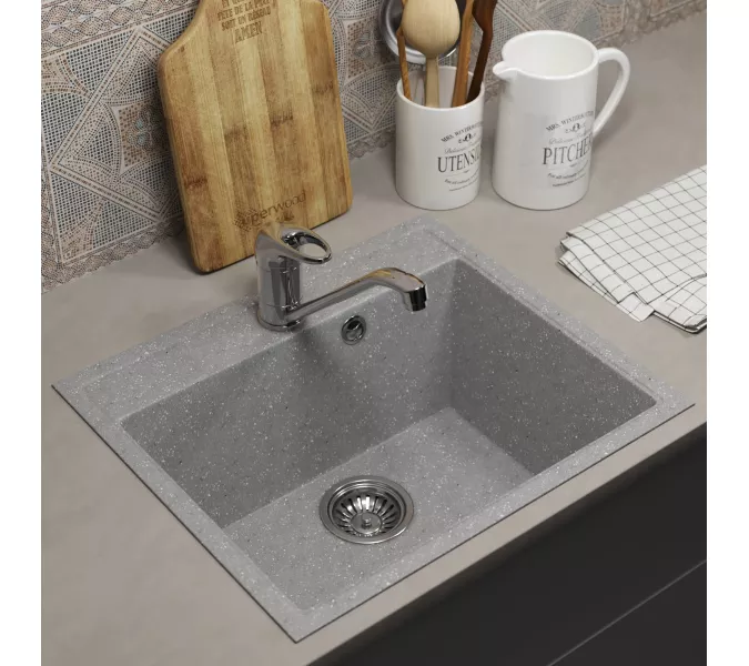 Кухонная мойка из искусственного камня Uperwood ECON UPD-408-003, прямоугольная, серая матовая, Выбрать цвет: Светло-серый, изображение 2