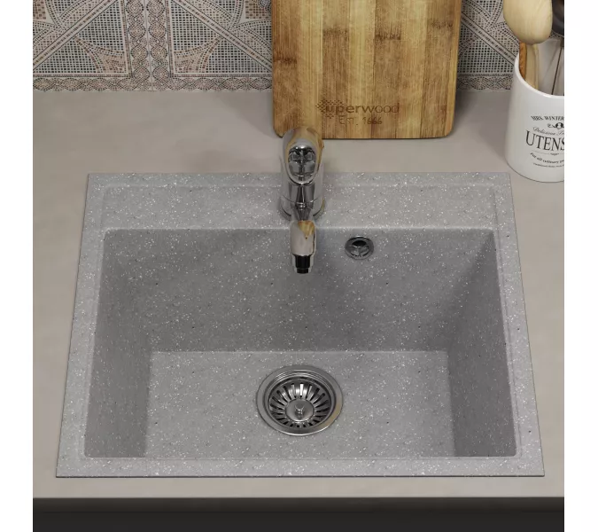 Кухонная мойка из искусственного камня Uperwood ECON UPD-408-003, прямоугольная, серая матовая, Выбрать цвет: Светло-серый, изображение 3