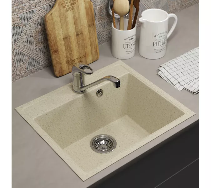 Кухонная мойка из искусственного камня Uperwood ECON UPD-408-002, прямоугольная, бежевая матовая, Выбрать цвет: Слоновая кость, изображение 2