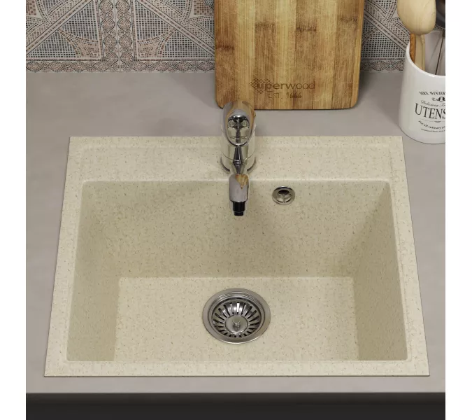 Кухонная мойка из искусственного камня Uperwood ECON UPD-408-002, прямоугольная, бежевая матовая, Выбрать цвет: Слоновая кость, изображение 3