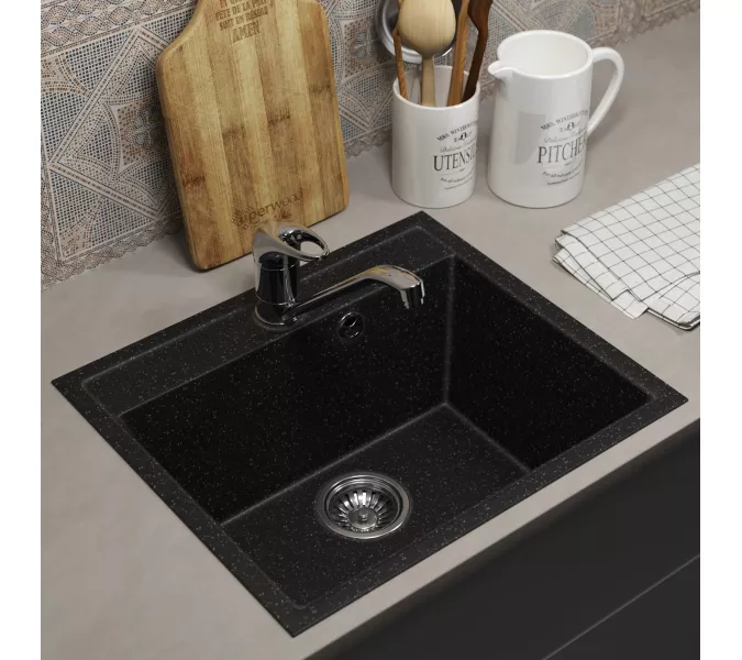 Кухонная мойка из искусственного камня Uperwood ECON UPD-408-004, прямоугольная, черная матовая, Выбрать цвет: Черный оникс, изображение 2
