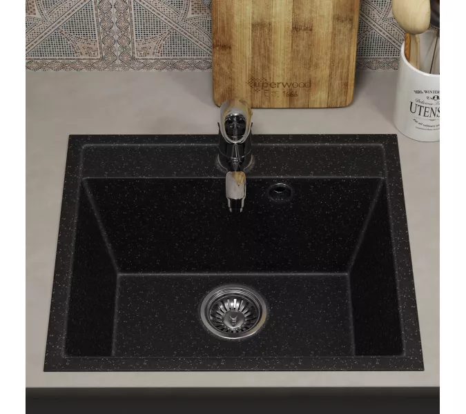 Кухонная мойка из искусственного камня Uperwood ECON UPD-408-004, прямоугольная, черная матовая, Выбрать цвет: Черный оникс, изображение 3