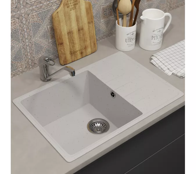Кухонная мойка из искусственного камня Uperwood ECON UPD-506-001, прямоугольная, белая матовая, Выбрать цвет: Белый камень, изображение 2