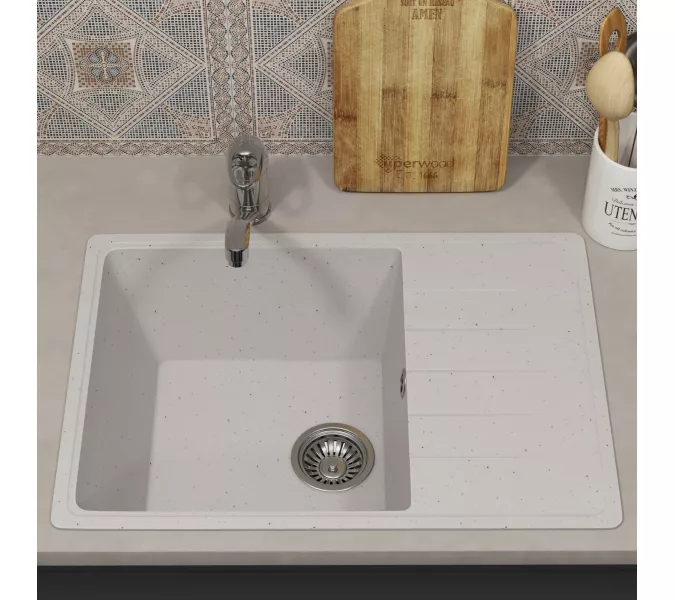 Кухонная мойка из искусственного камня Uperwood ECON UPD-506-001, прямоугольная, белая матовая, Выбрать цвет: Белый камень, изображение 3