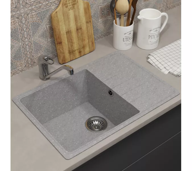 Кухонная мойка из искусственного камня Uperwood ECON UPD-506-003, прямоугольная, серая матовая, Выбрать цвет: Светло-серый, изображение 2