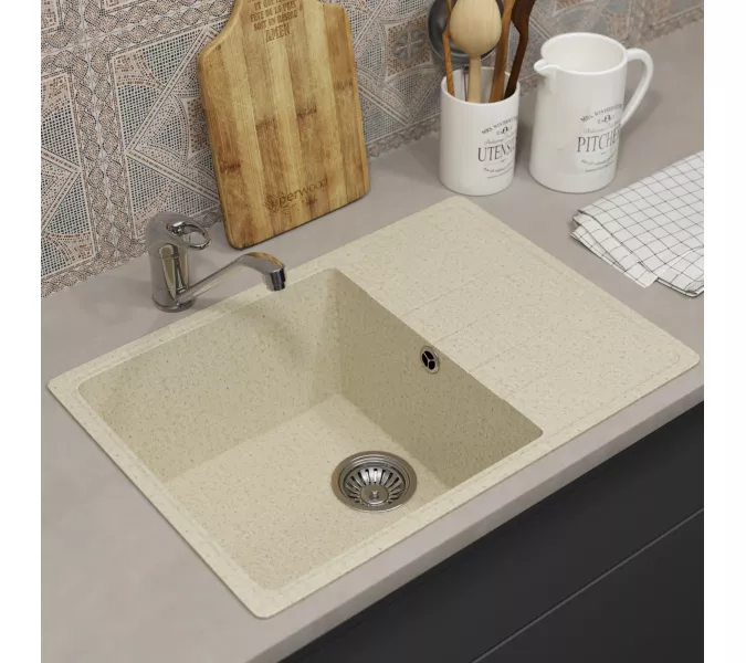 Кухонная мойка из искусственного камня Uperwood ECON UPD-506-002, прямоугольная, бежевая матовая, Выбрать цвет: Слоновая кость, изображение 2