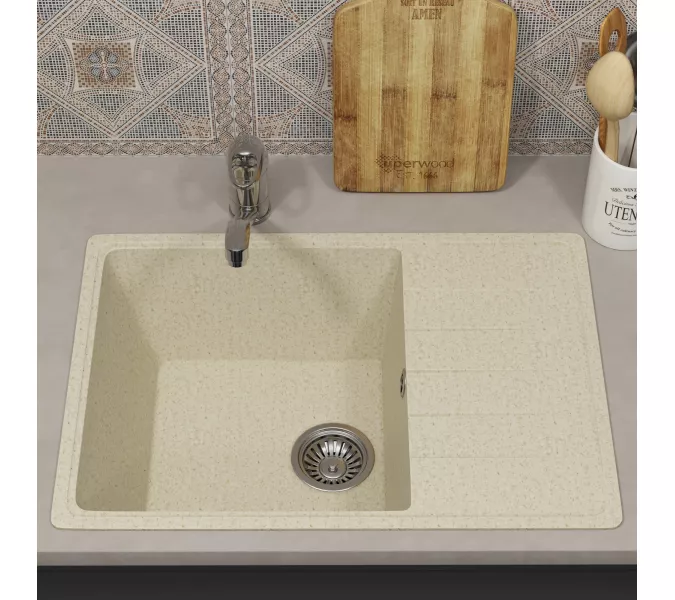 Кухонная мойка из искусственного камня Uperwood ECON UPD-506-002, прямоугольная, бежевая матовая, Выбрать цвет: Слоновая кость, изображение 3
