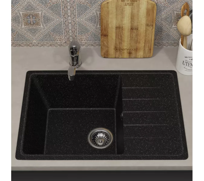 Кухонная мойка из искусственного камня Uperwood ECON UPD-506-004, прямоугольная, черная матовая, Выбрать цвет: Черный оникс, изображение 3