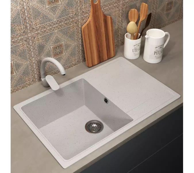 Кухонная мойка из искусственного камня Uperwood ECON UPD-507-001, прямоугольная, белая матовая, Выбрать цвет: Белый камень, изображение 2