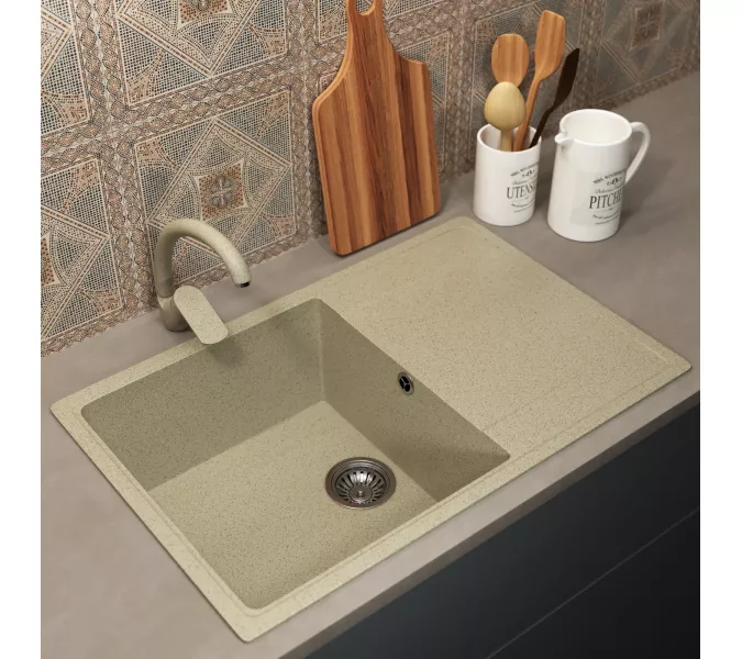 Кухонная мойка из искусственного камня Uperwood ECON UPD-507-002, прямоугольная, бежевая матовая, Выбрать цвет: Слоновая кость, изображение 2
