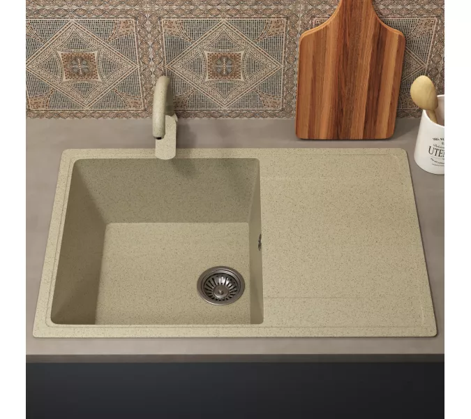 Кухонная мойка из искусственного камня Uperwood ECON UPD-507-002, прямоугольная, бежевая матовая, Выбрать цвет: Слоновая кость, изображение 3