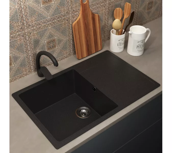Кухонная мойка из искусственного камня Uperwood ECON UPD-507-004, прямоугольная, черная матовая, Выбрать цвет: Черный оникс, изображение 2