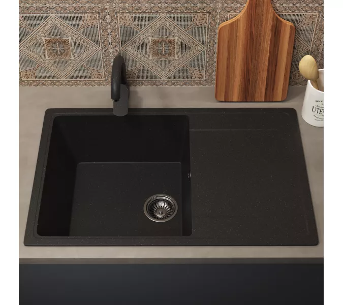 Кухонная мойка из искусственного камня Uperwood ECON UPD-507-004, прямоугольная, черная матовая, Выбрать цвет: Черный оникс, изображение 3
