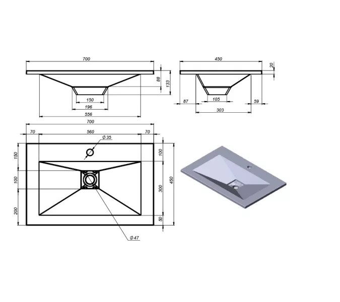 Раковина для ванной Uperwood Geo , графит, Выбрать размер: 70, изображение 7
