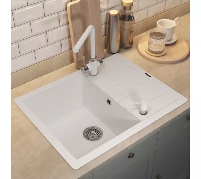 Кухонная мойка кварцевая Uperwood Quartz Premium UPD-03-01, прямоугольная, белая, Выбрать цвет: Белый, изображение 4