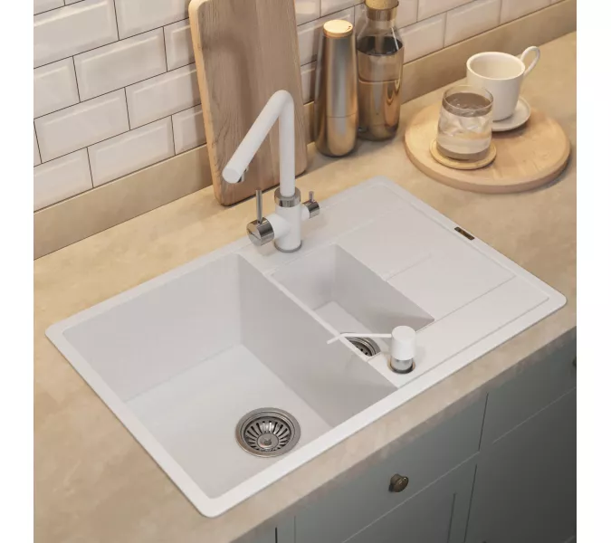 Кухонная мойка кварцевая Uperwood Quartz Premium UPD-05-01, прямоугольная двухсекционная, белая, Выбрать цвет: Белый, изображение 4