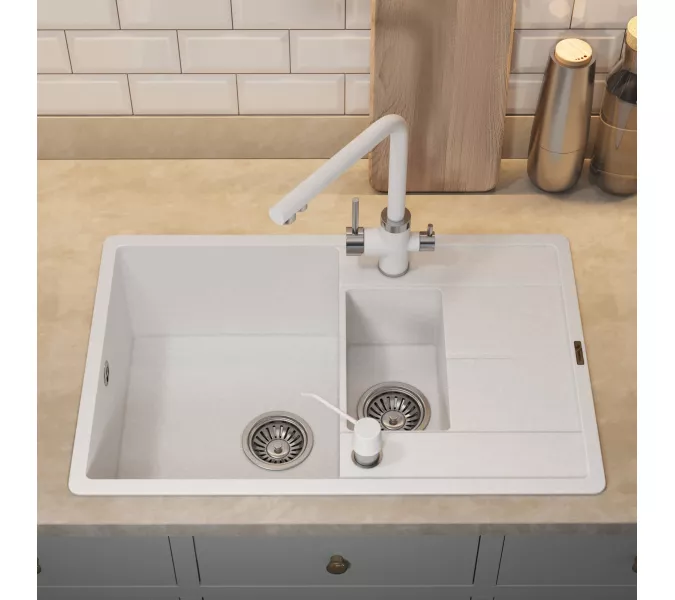 Кухонная мойка кварцевая Uperwood Quartz Premium UPD-05-01, прямоугольная двухсекционная, белая, Выбрать цвет: Белый, изображение 5