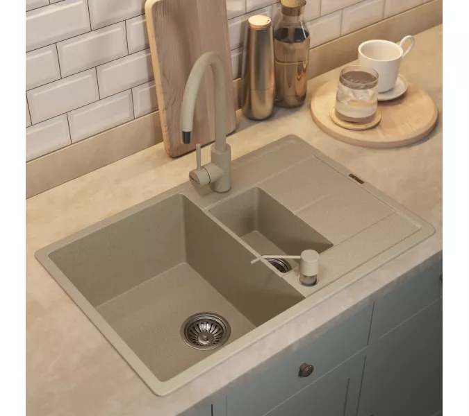 Кухонная мойка кварцевая Uperwood Quartz PremiumUPD-05-02, прямоугольная двухсекционная, бежевая, Выбрать цвет: Бежевый, изображение 4