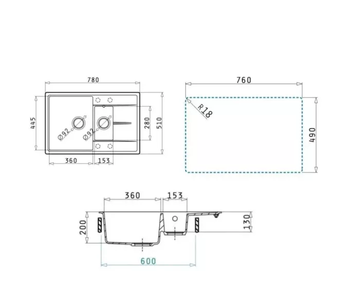 Кухонная мойка кварцевая Uperwood Quartz Premium UPD-05-04, прямоугольная двухсекционная, черная, Выбрать цвет: Черный, изображение 8