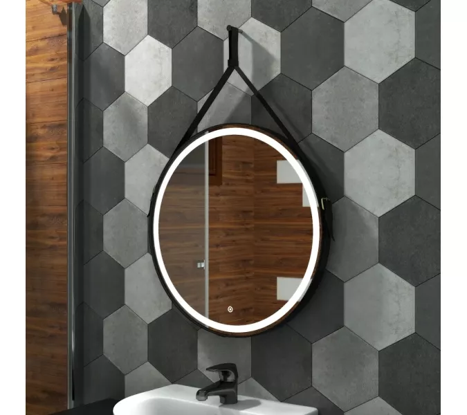 Зеркало с подсветкой Uperwood Round  круглое, сенсор/без рамы/на черном ремне, Выбрать цвет: Черный (ремень), Выбрать размер: 65х65
