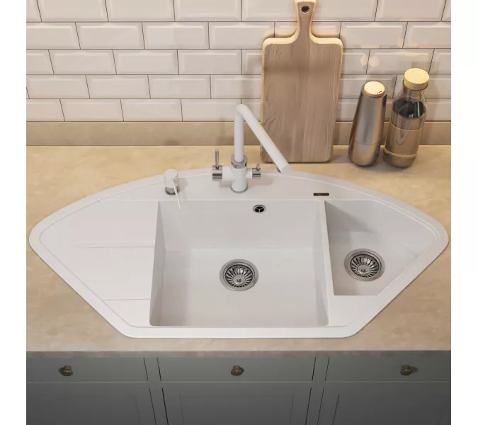 Кухонная мойка кварцевая Uperwood Quartz Premium UPD-06-01, угловая двухсекционная, белая, Выбрать цвет: Белый, изображение 5