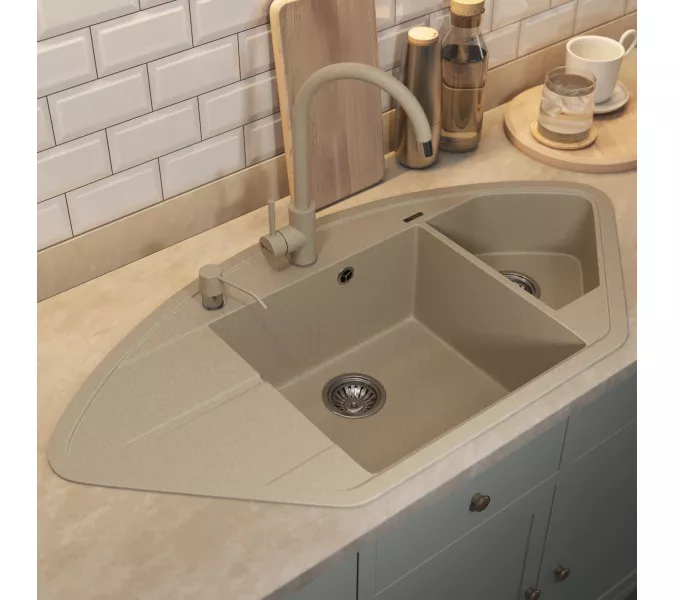 Кухонная мойка кварцевая Uperwood Quartz Premium UPD-06-02, угловая двухсекционная, бежевая, Выбрать цвет: Бежевый, изображение 4