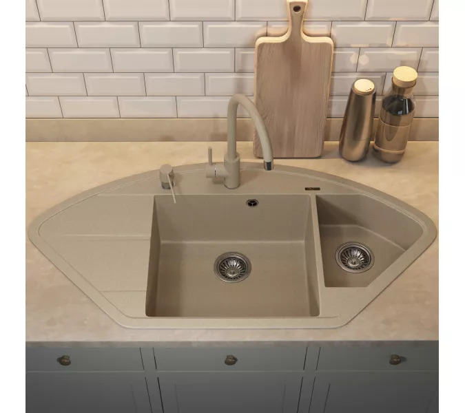 Кухонная мойка кварцевая Uperwood Quartz Premium UPD-06-02, угловая двухсекционная, бежевая, Выбрать цвет: Бежевый, изображение 5