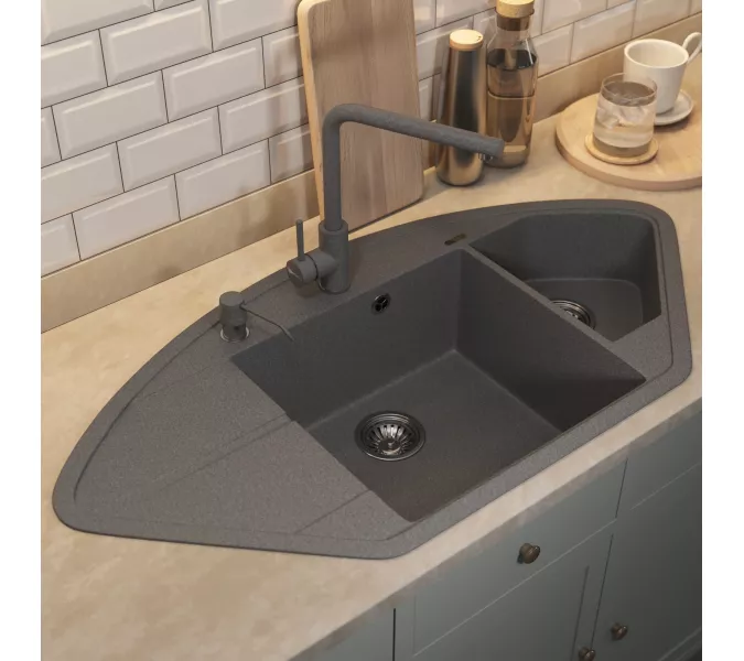 Кухонная мойка кварцевая Uperwood Quartz Premium UPD-06-03, угловая двухсекционная, серая, Выбрать цвет: серый, изображение 4