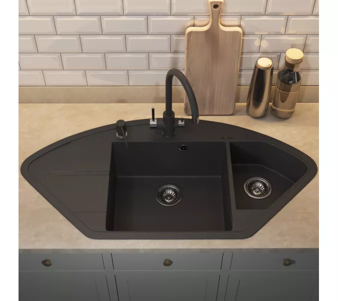 Кухонная мойка кварцевая Uperwood Quartz Premium UPD-06-04, угловая двухсекционная, черная, Выбрать цвет: Черный, изображение 5