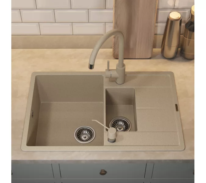 Кухонная мойка кварцевая Uperwood Quartz PremiumUPD-05-02, прямоугольная двухсекционная, бежевая, Выбрать цвет: Бежевый, изображение 5