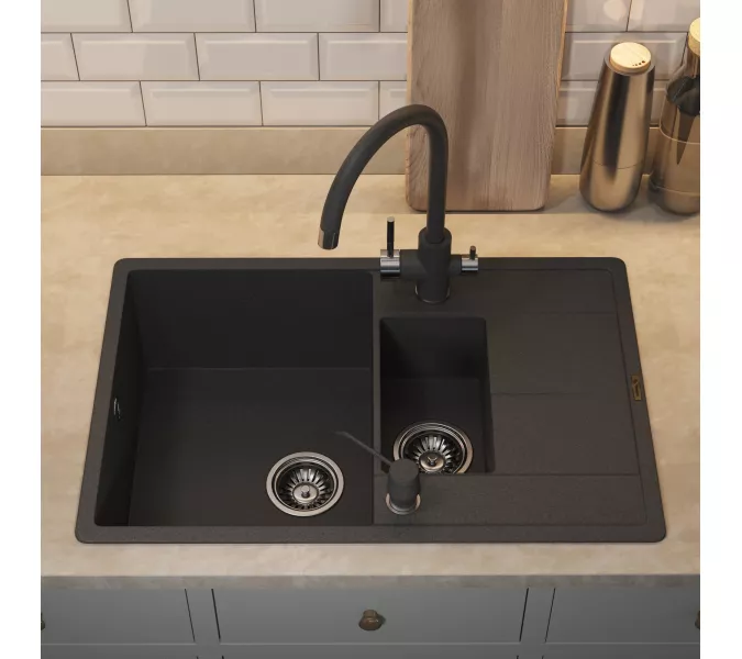 Кухонная мойка кварцевая Uperwood Quartz Premium UPD-05-04, прямоугольная двухсекционная, черная, Выбрать цвет: Черный, изображение 5