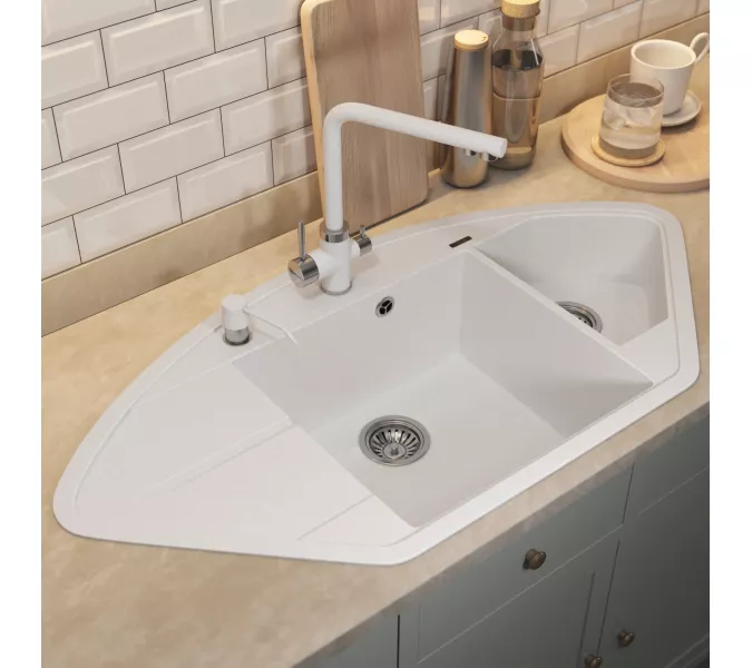 Кухонная мойка кварцевая Uperwood Quartz Premium UPD-06-01, угловая двухсекционная, белая, Выбрать цвет: Белый, изображение 4