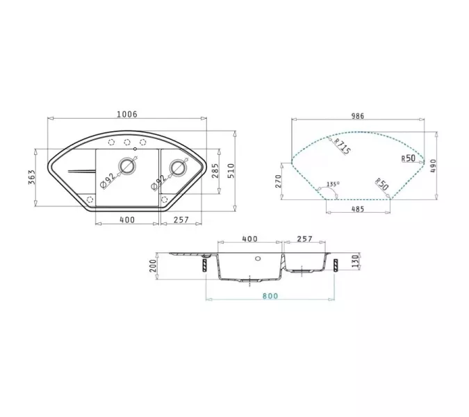 Кухонная мойка кварцевая Uperwood Quartz Premium UPD-06-03, угловая двухсекционная, серая, Выбрать цвет: серый, изображение 8
