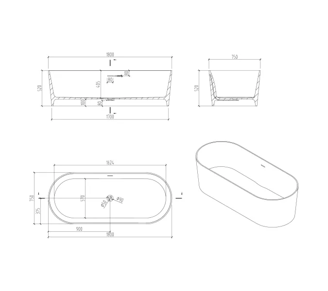 Ванна из искусственного камня ABBER Stein AS9614 белая матовая 180*75, изображение 15