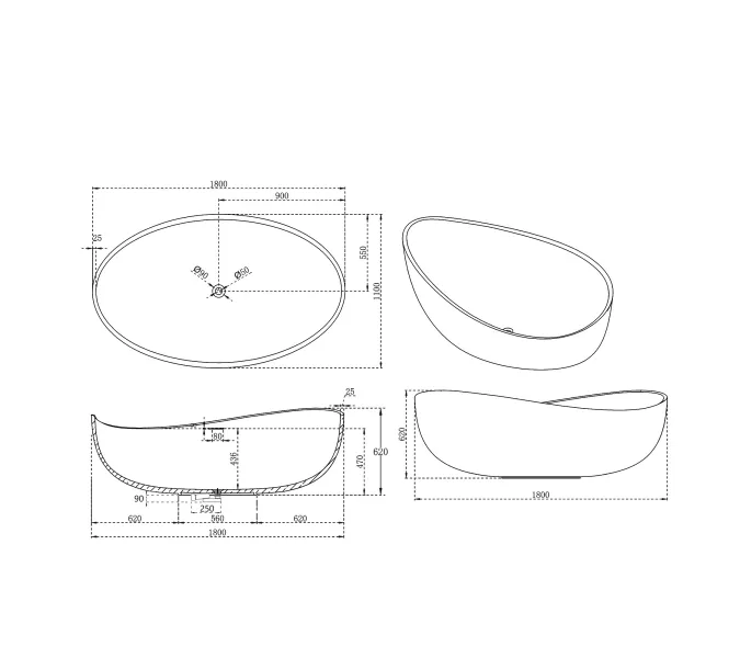 Ванна из искусственного камня ABBER Stein AS9639 белая матовая 180*110, изображение 13