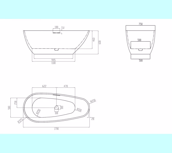 Ванна из искусственного камня ABBER Dortmund 170х75 черно-белая матовая, Выбрать цвет: Черный / Белый, изображение 10
