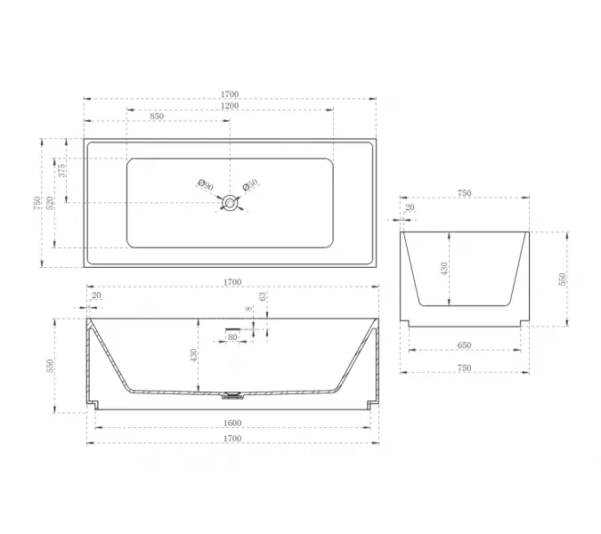 Ванна из искусственного камня ABBER Stein AS9602 белая матовая 170*75, изображение 11