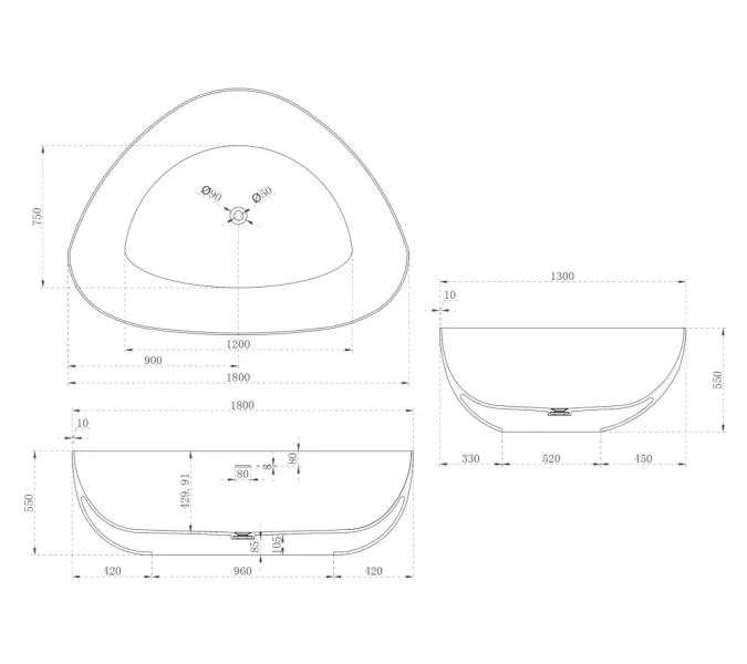 Ванна из искусственного камня ABBER Stein AS9608 белая матовая 180*130, изображение 12