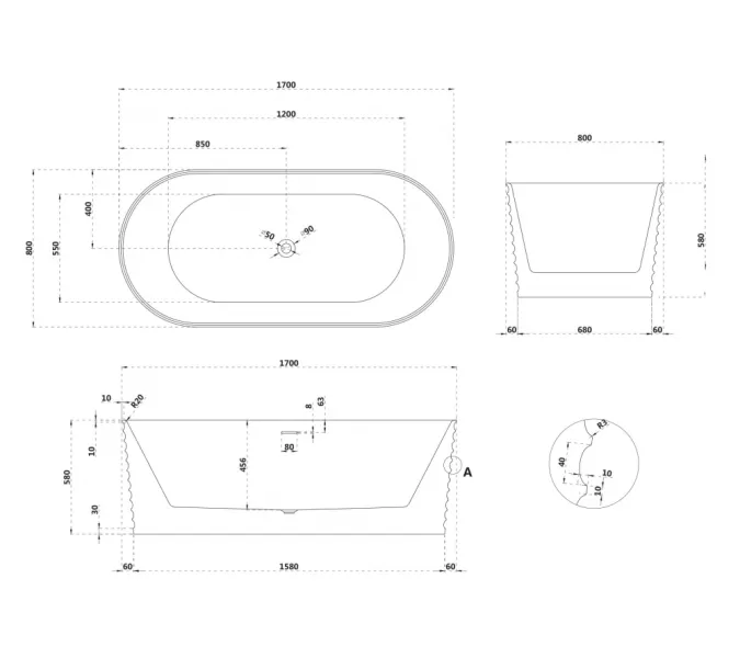 Ванна из искусственного камня ABBER Stein AS9650 белая матовая  170х80, изображение 12