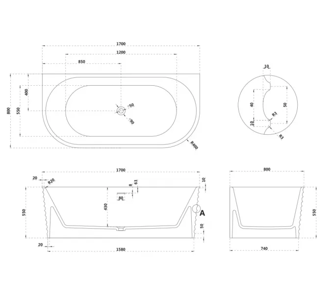 Ванна из искусственного камня ABBER Stein AS9652  170х80 белая матовая, изображение 11