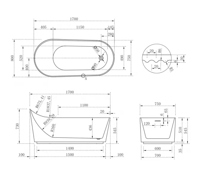Акриловая ванна ABBER A170х80 белая матовая, изображение 12