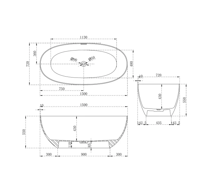 Ванна из искусственного камня ABBER Stein AS9624 белая матовая, Выбрать размер: 150x72, изображение 13