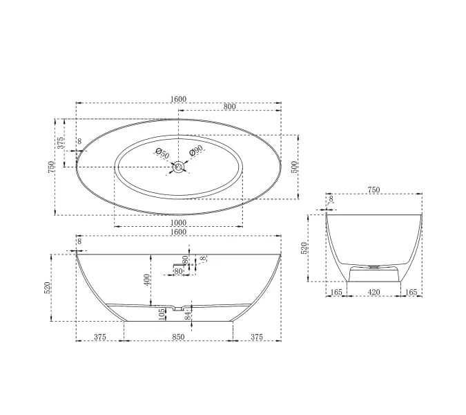 Ванна из искусственного камня ABBER Stein AS9625  белая матовая, Выбрать размер: 160x75, изображение 16