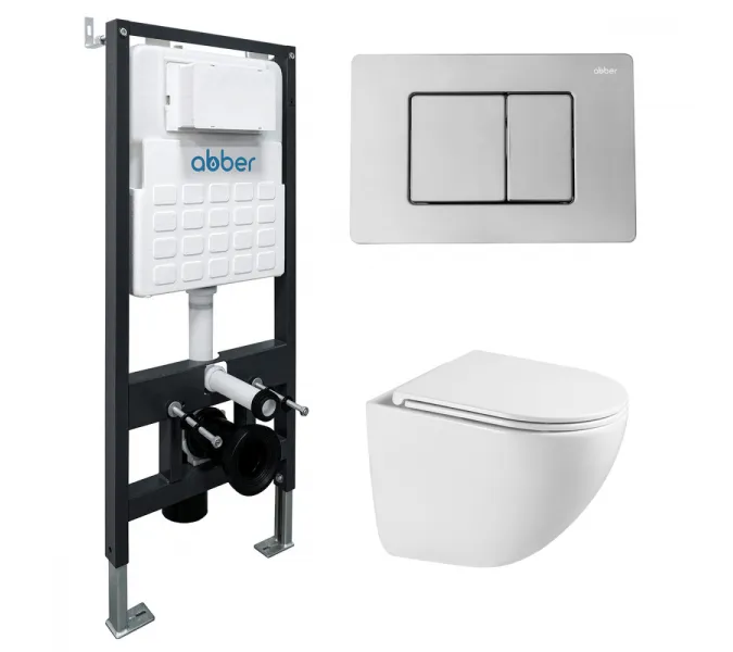 Комплект подвесной унитаз ABBER Bequem AC1131TC белый, с закрытым дном с инсталляцией AC0105 и кнопкой AC0120 хром глянцевый, Цвет кнопки: Хром глянцевый
