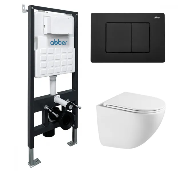 Комплект подвесной унитаз ABBER Bequem AC1131TC белый, с закрытым дном с инсталляцией AC0105 и кнопкой AC0120MB черный матовый, Цвет кнопки: Черный матовый