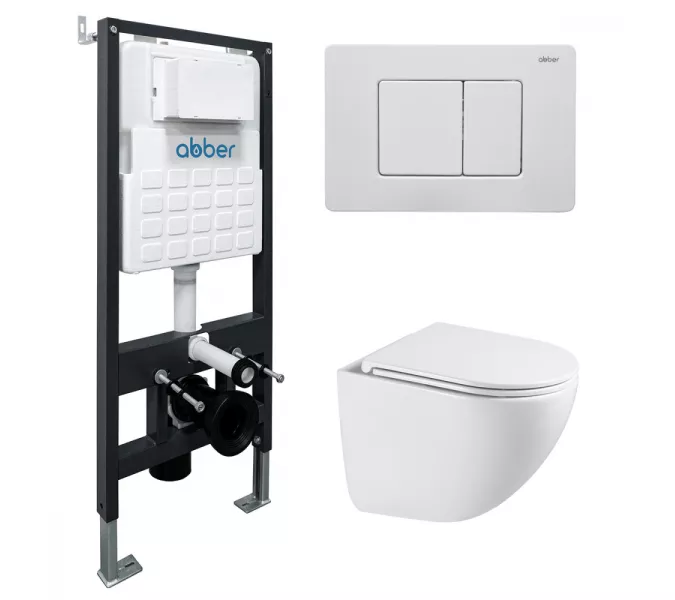 Комплект подвесной унитаз ABBER Bequem AC1131TC белый, с закрытым дном с инсталляцией AC0105 и кнопкой AC0120MW белая матовая, Цвет кнопки: Белый матовый
