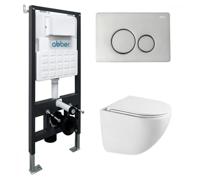 Комплект подвесной унитаз ABBER Bequem AC1131TC белый, с закрытым дном с инсталляцией AC0105 и кнопкой AC0121 хром глянцевый, Цвет кнопки: Хром глянцевый