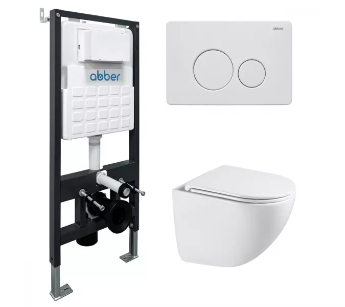 Комплект подвесной унитаз ABBER Bequem AC1131TC белый, с закрытым дном с инсталляцией AC0105 и кнопкой AC0121MW белая матовая, Цвет кнопки: Белый матовый