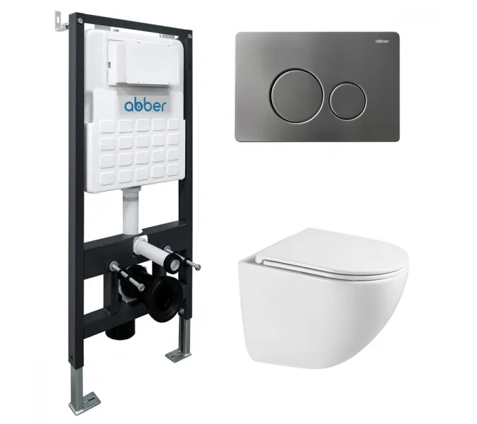 Комплект подвесной унитаз ABBER Bequem AC1131TC белый, с закрытым дном с инсталляцией AC0105 и кнопкой AC0121NG никель, Цвет кнопки: Никель